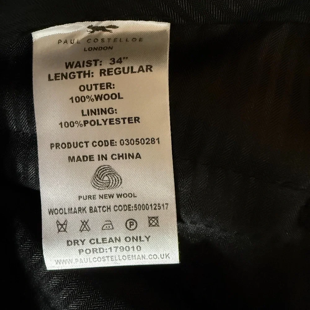 PAUL COSTELLOE Blue‎ Wool 2 Piece Suit 38 Jacket Trousers W 34